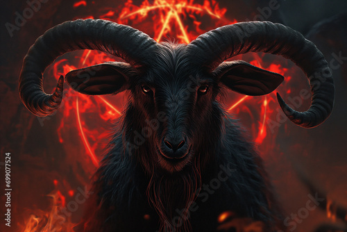 A black big horned goat back lit by a glowing fiery pentagram - black and red misty background - Esoteric black magic fantasy concept art - witchcraft - heavy metal album cover style