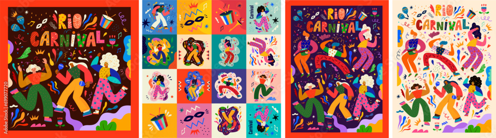 Big creative collection a full of inspiration for holiday Brazil carnival in Rio de Janeiro. Set of vector playful original posters and cards, stickers, tickets with dancing people for Brazil carnival - obrazy, fototapety, plakaty 