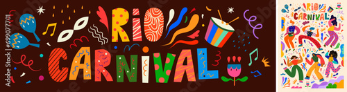 creative collection a full of inspiration for holiday Brazil carnival in Rio de Janeiro. Set of vector playful original poster and banner with dancing people for Brazil carnival