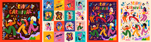 Big creative collection a full of inspiration for holiday Brazil carnival in Rio de Janeiro. Set of vector playful original posters and cards, stickers, tickets with dancing people for Brazil carnival photo