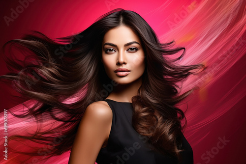Young indian woman with hair flying on colorful background