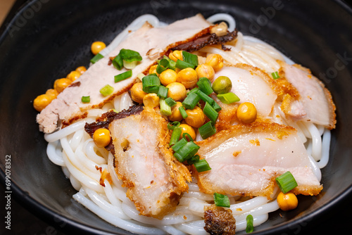 angle view fresh guilin rice noodles with roasted pork