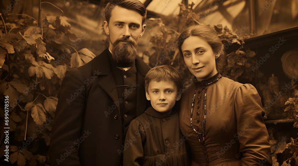 portrait of a family Typical Catholic artwork with the Holy Family in a colorful autumnal setting Vintage street photos from the Victorian era in black and white
