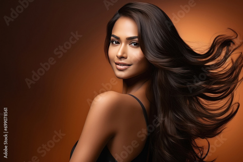 Young indian woman with hair flying on colorful background