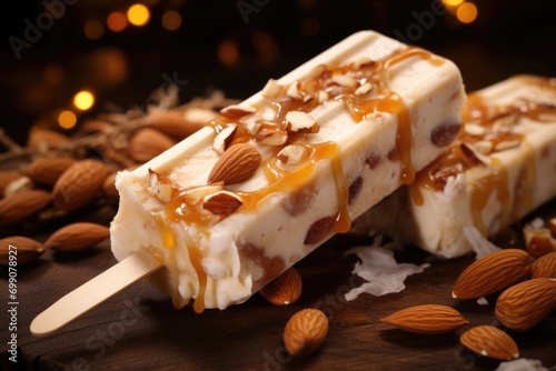 Transport yourself to a cozy winter evening with a comforting popsicle featuring a creamy cinnamoned base, swirled with a rich caramel sauce, and garnished with a sprinkle of crunchy toasted photo