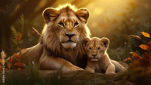 The majestic lion and his cub, a family of cats. Wild animals in their natural habitat. photo