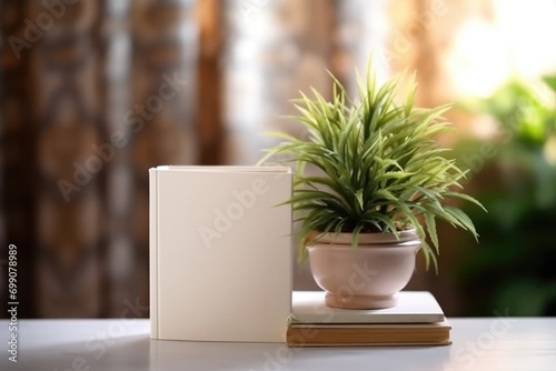 White blank book on wooden table, bright lighting, mockup, with house plant. AI Generated