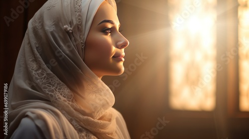 a beautiful Muslim woman wearing a hijab, seen from the side praying to God, with a blurry background and sunlight in front of her, Ramadan greeting card, copy space - generative ai photo