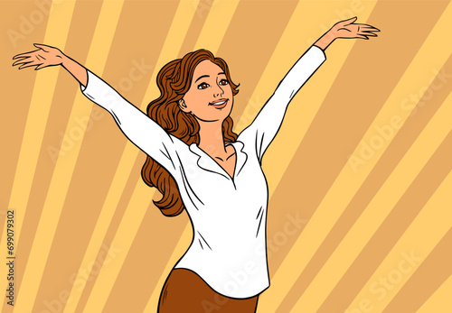 Young beautiful girl. Happy teenager. Joy emotion. Female character. Weekend fun. Vector illustration. Pop art hand drawn