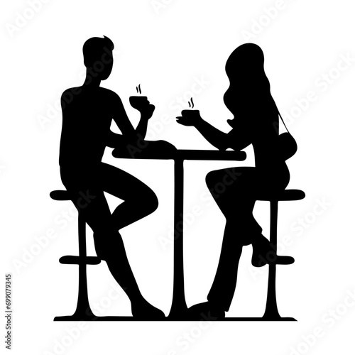 Young couple in a cafe. A man and a girl drink coffee and talking. Vector illustration. Black silhouette isolated on white background