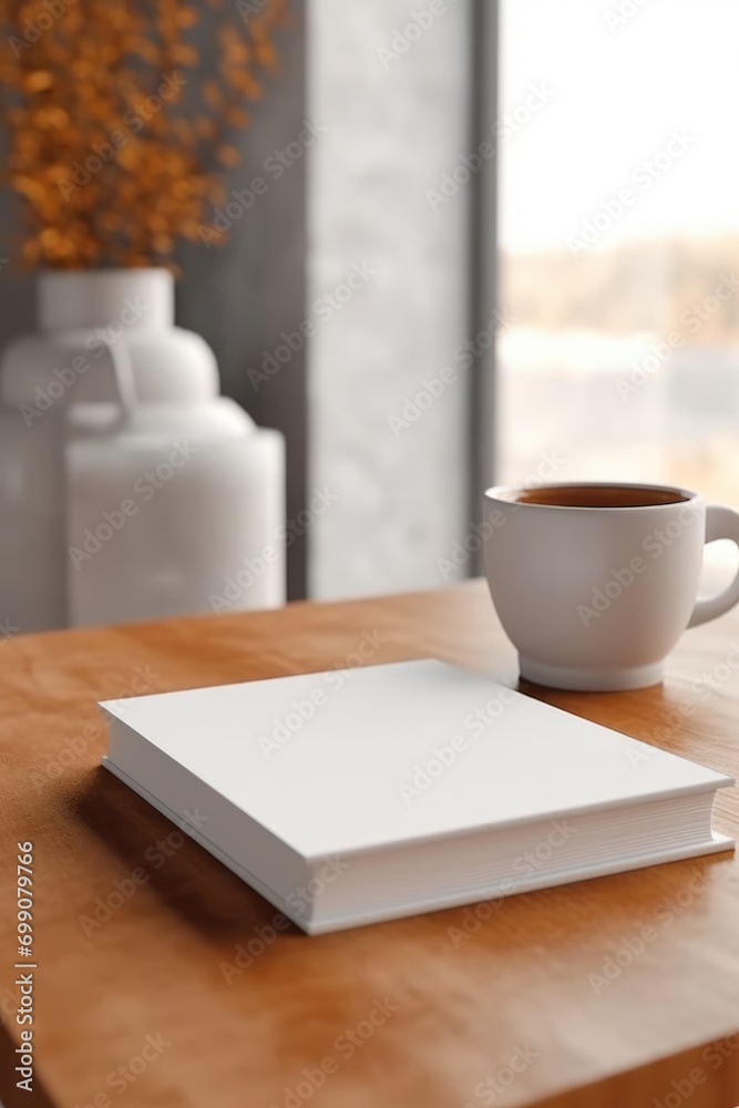 White book cover mockup on wooden coffee table. AI Generated White book cover mockup on wooden coffee table. AI Generated