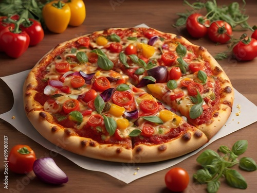 Pizza with vegetables and olives on a wooden table, closeup