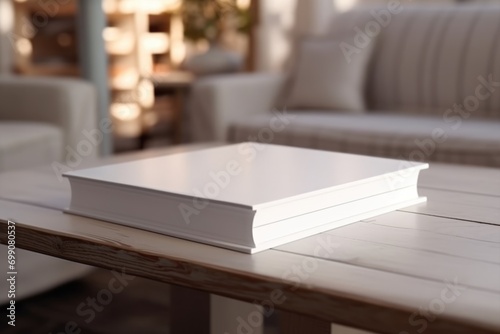 White book cover mockup on wooden coffee table. AI Generated © dark_blade