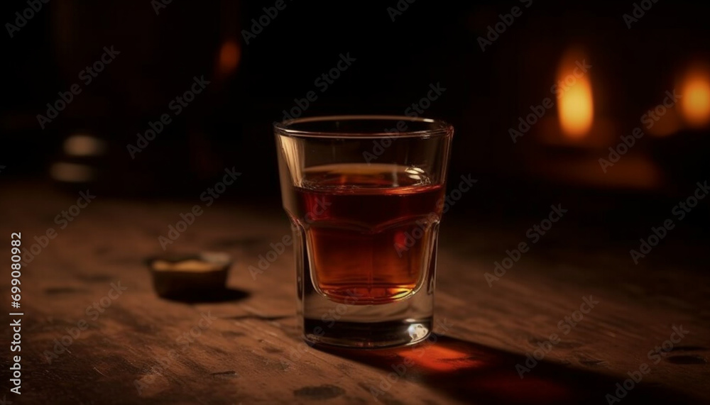 Whiskey glass on table, bar dark wood, flame reflects elegance generated by AI Whiskey glass on table, bar dark wood, flame reflects elegance generated by AI