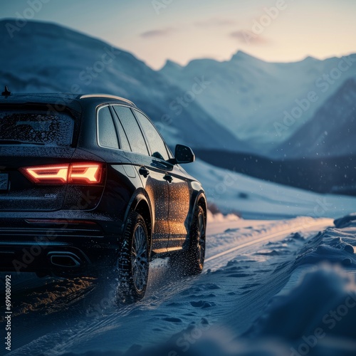 Car in snow. Evening day night time. Sunset. Mountain horizon. Dramatic situation. Landscape. Product photo. (ID: 699080992)