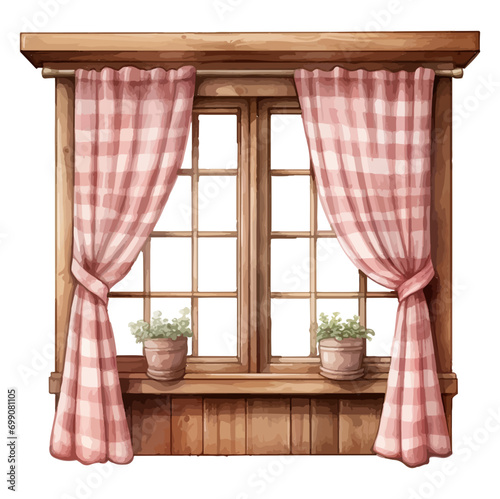 Brown wooden window with plaid curtians in window illustration