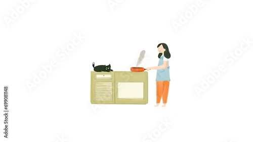 A lady is cooking on her pan on top of the kitchen counter while black cat is laying down waiting near her on a white background