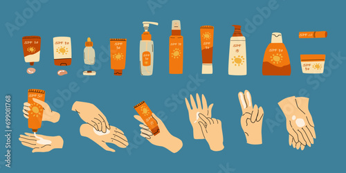 Sun safety vector set. Sunscreen products with hands. Summer cosmetic with SPF for skin care. Sun protection elements set. Summer must have products collection, sunblocks. Lotion, creams.