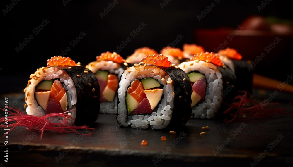 Freshness and cultures on a plate, rolled up maki sushi generated by AI Freshness and cultures on a plate, rolled up maki sushi generated by AI