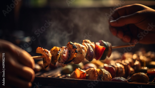 Grilled meat on skewer, cooking on barbecue, flame and smoke generated by AI