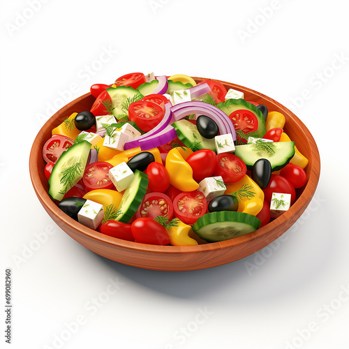 Greek salad in a wooden bowl on a white background. Vector illustration.
