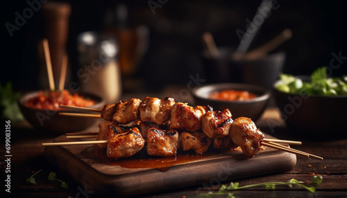 Grilled meat skewers on wooden plate, a savory barbecue delight generated by AI