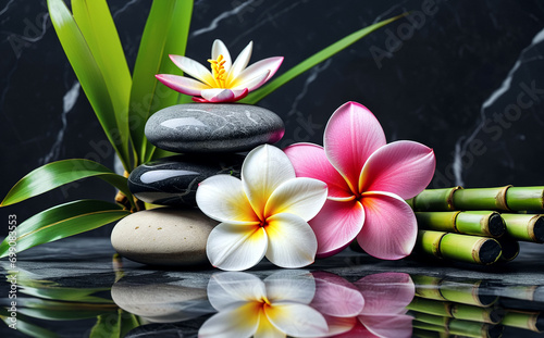 Group of flowers plumeria and bamboo sticks on a table with reflection on the surface and a black background.