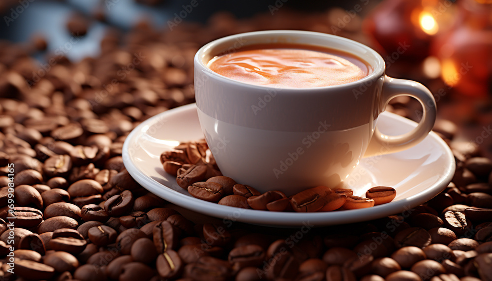 Fototapeta premium Hot coffee in a mug, close up, on a wooden table generated by AI