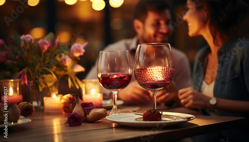 Young adults enjoying a romantic night, drinking wine indoors generated by AI