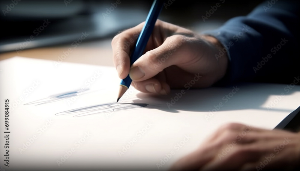 Creative child drawing blue sketch on desk with pencil indoors generated by AI Creative child drawing blue sketch on desk with pencil indoors generated by AI