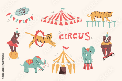 cute circus baby animals and tents - big set. Vector illustration with elephant with rings, on a drum. Bear on ball and bike. Usable for perfomance, banner, invitation. Retro design. 