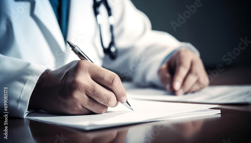 Expert businessman analyzing healthcare contract success with signature and stethoscope generated by AI