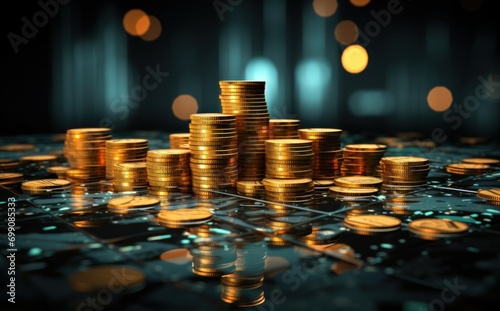 coin, gold, money, background, bank, banking, business, currency, finance, financial. investment concept, coins graph stock market for business idea and presentation, generation AI illustrations.