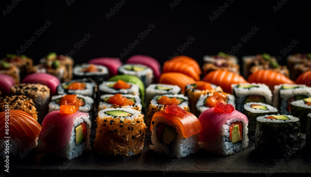 Freshness and cultures rolled up on a plate of maki sushi generated by AI Freshness and cultures rolled up on a plate of maki sushi generated by AI