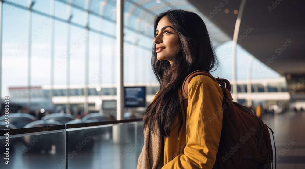 young indian woman standing on international airport - obrazy, fototapety, plakaty 