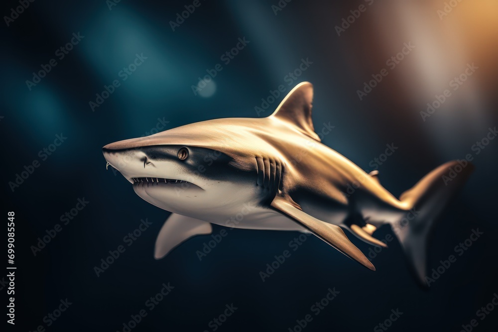 An image of a shark swimming near a coral reef, serving as a guardian of the marine habitat and helping to control the population of prey specie