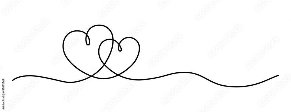 Couple of hearts formed by a continuous line – Two connected hearts – Minimalist line art of two abstract hearts representing man and woman