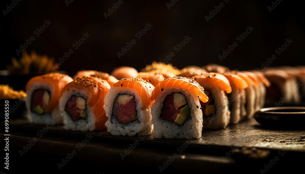 Freshness and cultures on a plate seafood, maki sushi, avocado generated by AI Freshness and cultures on a plate seafood, maki sushi, avocado generated by AI