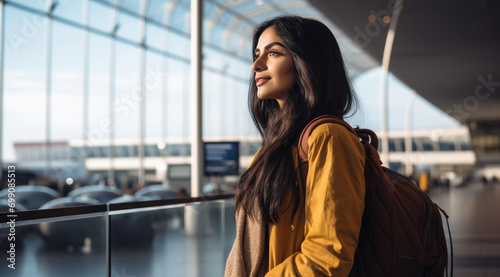 young indian woman standing on international airport photo