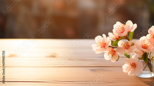 庭先のテーブルに置かれた桃の花