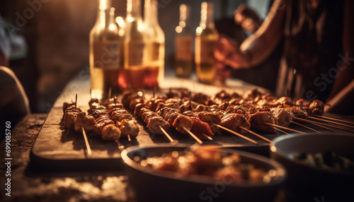 Grilled meat skewers on a barbecue, perfect for outdoor parties generated by AI photo