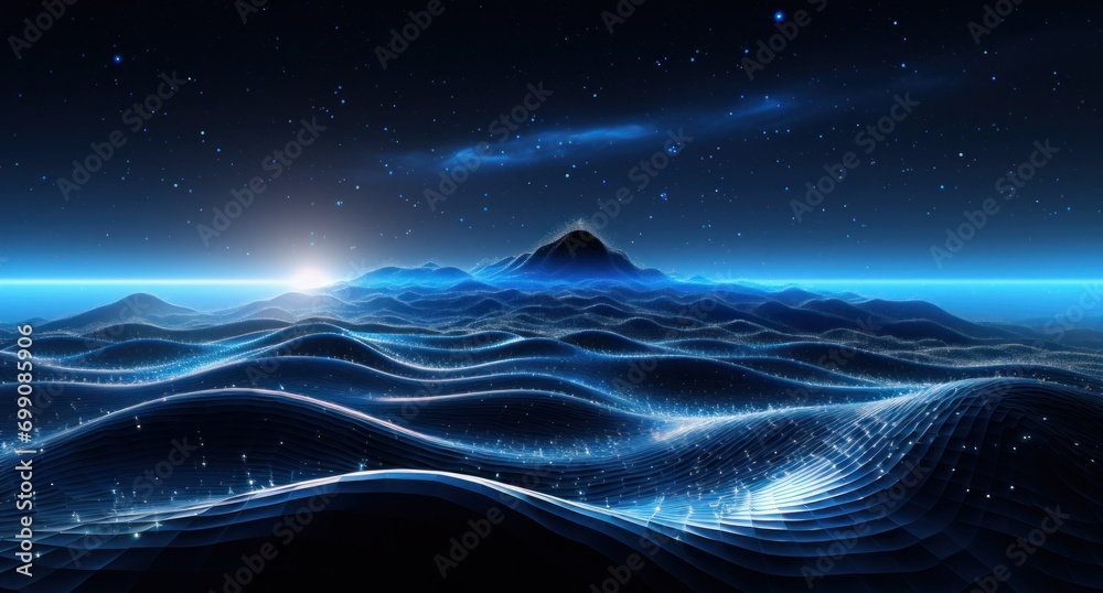 night, sky, light, nature, star, dusk, skyline, evening, hill, pile. night sky landscape with mountain valley and pile, low clouds, starry sky, and dark blue sky, illumination via ai generate.