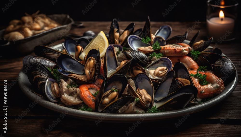 Fresh seafood cooked on a wooden plate, a gourmet meal generated by AI Fresh seafood cooked on a wooden plate, a gourmet meal generated by AI