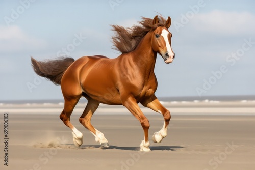 A majestic horse in mid-canter along the shoreline  its movement graceful and fluid  as if it s dancing to the rhythm of the wave