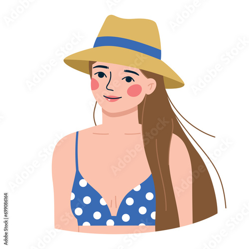 Vector illustration portrait of a beautiful girl with long hair in a summer straw hat and a swimsuit
