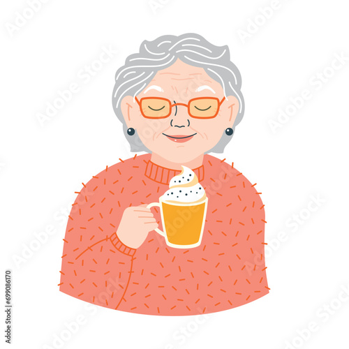 Vector illustration portrait of a beautiful elderly woman wearing glasses and holding a cup of latte