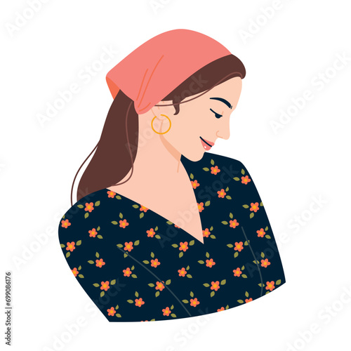 Vector illustration portrait of a beautiful girl with a headscarf and a floral blouse