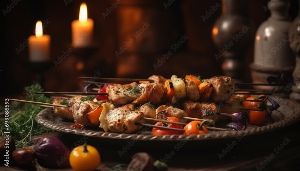 Grilled skewered meat with vegetables on a wooden plate generated by AI Grilled skewered meat with vegetables on a wooden plate generated by AI