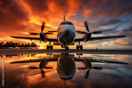 airplane standing on a beach at sunset photo
