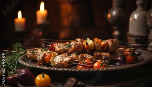Grilled skewered meat with vegetables on a wooden plate generated by AI